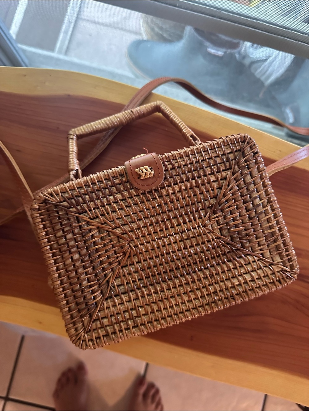 Woven Rattan Crossbody Bag in Brown